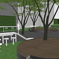 Outdoor Landscape Seats with Circular Wooden Platforms Trees and Green Lawn Design