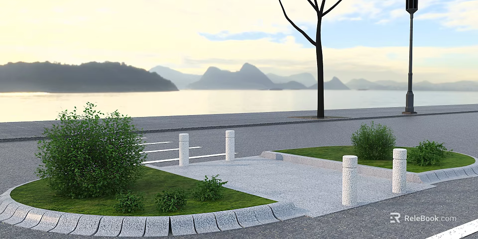 Beautiful Lakefront Scene Featuring Distant Mountains Single Tree Lawn Stone Path And Guardrail 3d model 
