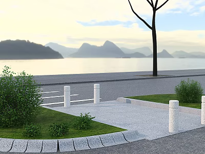 Beautiful Lakefront Scene Featuring Distant Mountains Single Tree Lawn Stone Path And Guardrail 3d model