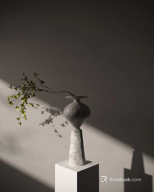 Gray Vase with Branch and Green Leaves Against Light Colored Wall with Sunlight Shadow 3d model 