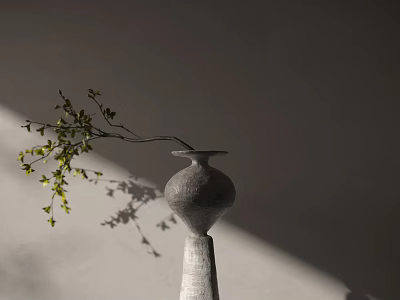 Gray Vase with Branch and Green Leaves Against Light Colored Wall with Sunlight Shadow 3d model
