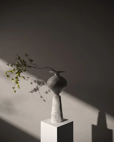 Gray Vase with Branch and Green Leaves Against Light Colored Wall with Sunlight Shadow 3d model