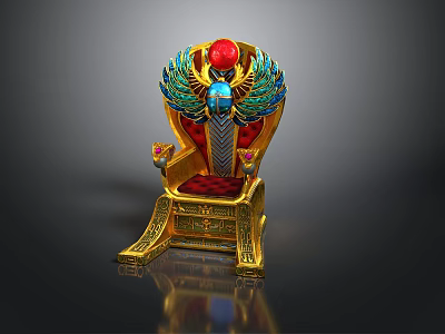 Egyptian Style Throne Sculpture With Golden Frame Blue Green Wings And Red Gemstone Decoration 3d model