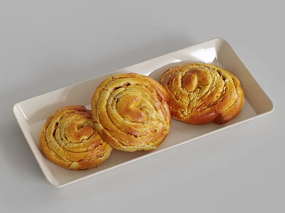 Three Golden Swirled Bread Rolls on White Rectangular Tray with Grey Background 3d model