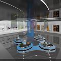 Modern Exhibition Hall Interior With Art Exhibits And Circular Display Platforms 3d model
