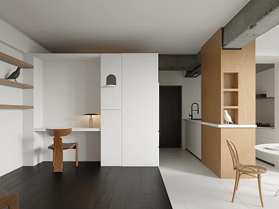 Modern Apartment Interior With Open Concept Kitchen Workstation Wooden Chair And White Cabinets 3d model