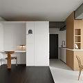 Modern Apartment Interior With Open Concept Kitchen Workstation Wooden Chair And White Cabinets