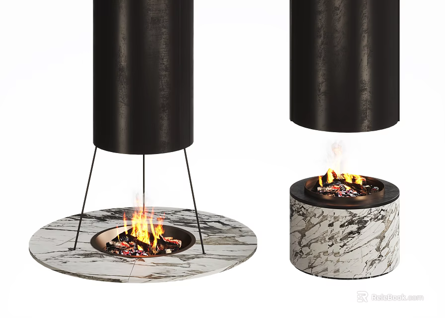 Contemporary Black Cylindrical Fireplace Design With Marble Base And Burning Flames 3d model 