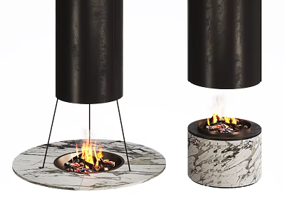 Contemporary Black Cylindrical Fireplace Design With Marble Base And Burning Flames 3d model