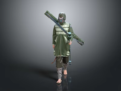 Green Armored Warrior With Beast Inspired Helmet And Long Spear Weapon 3d model