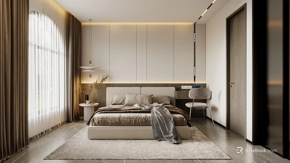 Modern Bedroom Interior Design With Bed Headboard Wall Window Curtains Rug And Desk Chair 3d model 