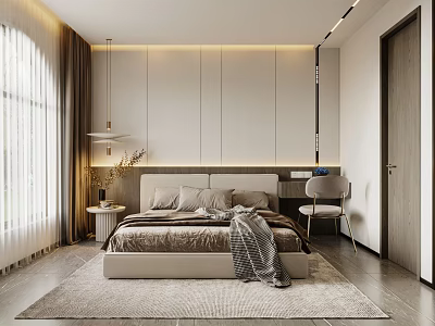 Modern Bedroom Interior Design With Bed Headboard Wall Window Curtains Rug And Desk Chair 3d model
