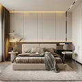 Modern Bedroom Interior Design With Bed Headboard Wall Window Curtains Rug And Desk Chair