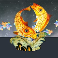 Illuminated Landscape Sculpture With Two Golden Koi Fish Curved Bodies And Butterfly Decorations