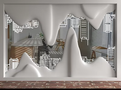 White 3D Background Wall With Urban Skyline And Mountain Shapes In Modern Interior 3d model
