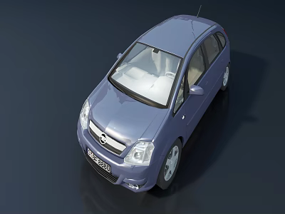 Light Blue Compact Car With Roof Antenna Front Grille On Dark Reflective Surface 3d model