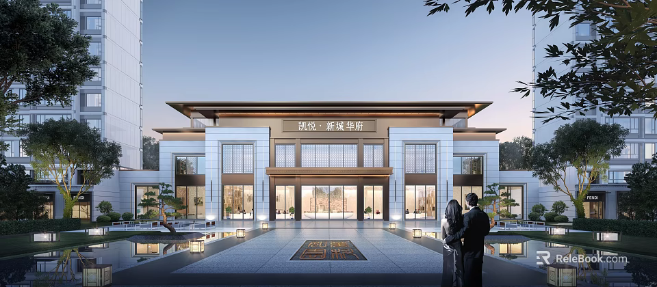 Elegant Modern Sales Center Building With Symmetrical Facade Water Features And Lighting 3d model 