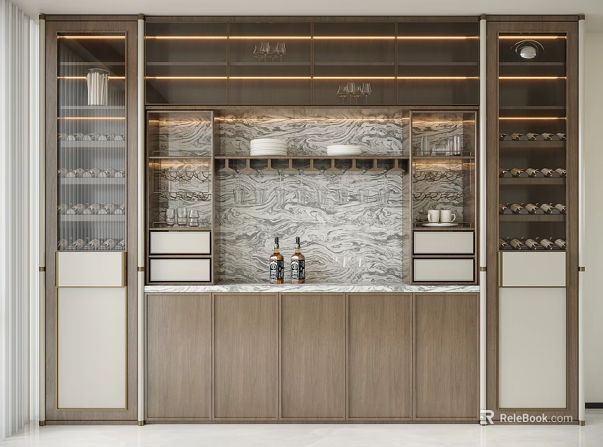 Modern Wine Cabinet Design With Wooden Cabinetry Marble Backsplash Glass Doors And Wine Racks 3d model 