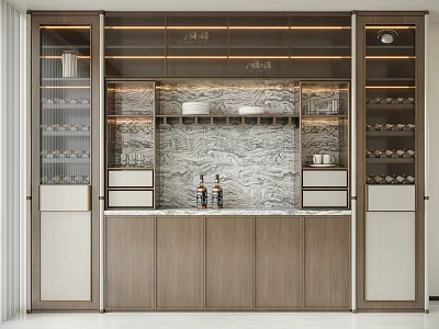 Modern Wine Cabinet Design With Wooden Cabinetry Marble Backsplash Glass Doors And Wine Racks 3d model