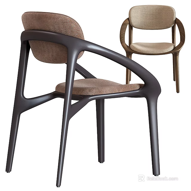 Modern Single Chair With Curved Dark Frame And Brown Upholstered Comfortable Cushion 3d model 