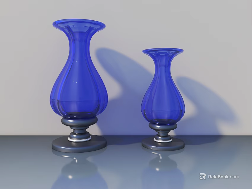 Two Blue Glass Vases With Black Bases On Gray Tabletop Light Gray Background 3d model 