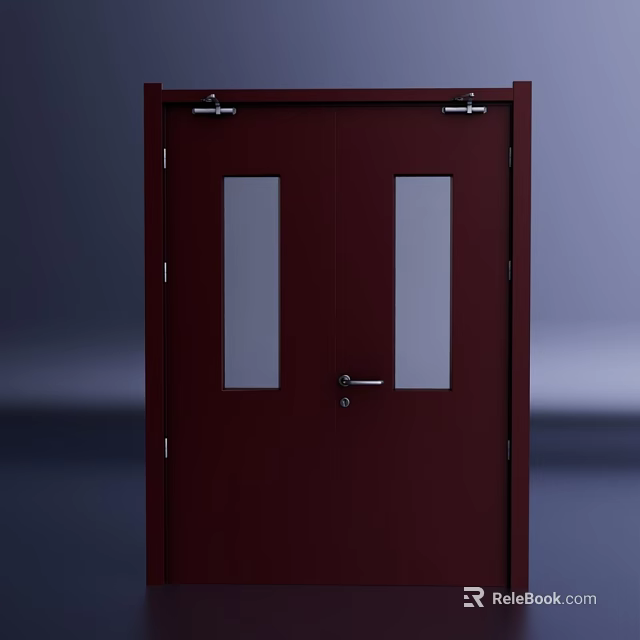 Dark Red Double Doors With Glass Panels Door Handle Lock And Hinges 3d model 