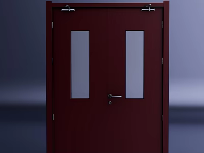 Dark Red Double Doors With Glass Panels Door Handle Lock And Hinges 3d model
