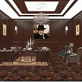 Luxurious Study Room Interior With Dark Wooden Walls Chandelier Bookshelf Leather Sofa And Armchairs