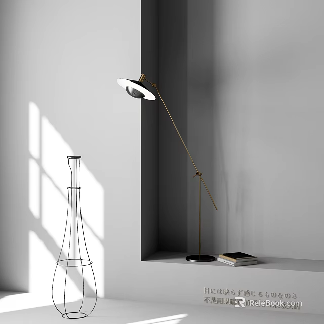 Modern Floor Lamp With Gold Stand White Shade Shadow Effect And Books In Corner 3d model 