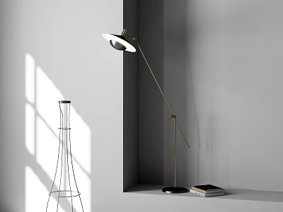 Modern Floor Lamp With Gold Stand White Shade Shadow Effect And Books In Corner 3d model