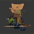 Rustic Treehouse Building With Thatch Roof Wooden Structure Green Plants Rocks And Stairs