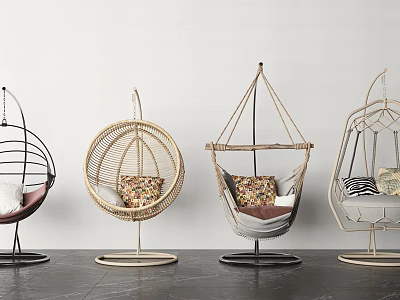 Various Stylish Rattan Hanging Chairs With Metal Frames And Soft Cushions 3d model