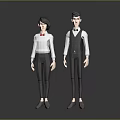Two 3D Characters In Formal Clothing With White Shirt Red Bow Tie And Black Vest