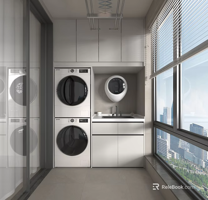 Modern Stacked Washing Machines In Balcony Laundry Area With Cabinets And Window 3d model 
