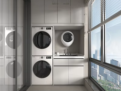 Modern Stacked Washing Machines In Balcony Laundry Area With Cabinets And Window 3d model