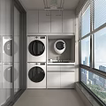 Modern Stacked Washing Machines In Balcony Laundry Area With Cabinets And Window
