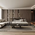 Modern Open Living Dining Area With Black Table White Chairs Marble Wall And TV