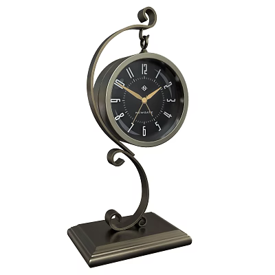 Elegant Metal Table Clock with Curved Iron Stand Black Dial Gold Hands and Numerals 3d model
