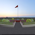Circular Garden Landscape With Flagpole Red Flag Trimmed Hedges White Yellow Flowers Red Steps Sunset