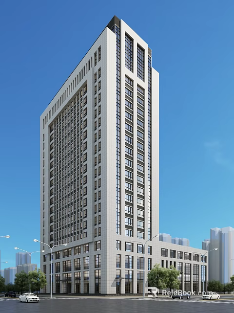 Modern High Rise Office Building With Glass Windows Against Blue Sky Urban Setting 3d model 