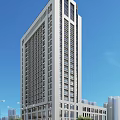 Modern High Rise Office Building With Glass Windows Against Blue Sky Urban Setting