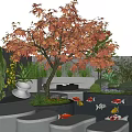 Modern Courtyard Garden With Red Maple Tree Pond Stone Path And Green Wall