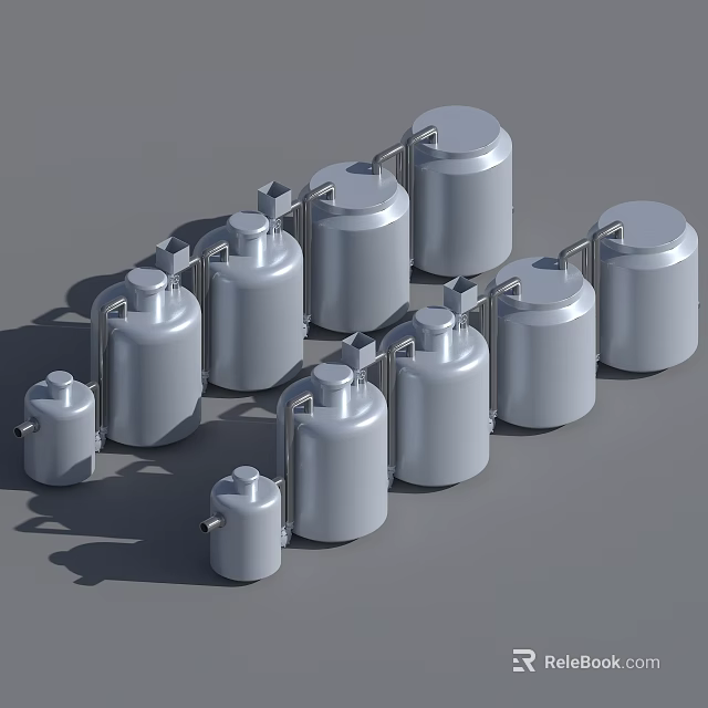 Various Sizes Cylindrical Metallic Storage Tanks With Pipes Arranged On Gray Background 3d model 