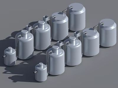 Various Sizes Cylindrical Metallic Storage Tanks With Pipes Arranged On Gray Background 3d model