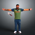 Man In Green Vest Red Text Blue Pants White Sneakers Arms Outstretched Holding Cricket Bat