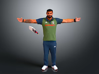 Man In Green Vest Red Text Blue Pants White Sneakers Arms Outstretched Holding Cricket Bat 3d model