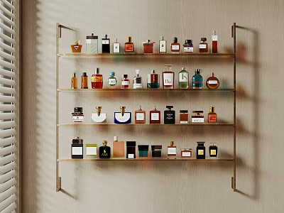Elegant Wall Mounted Shelf With Various Perfume And Cosmetic Bottles 3d model