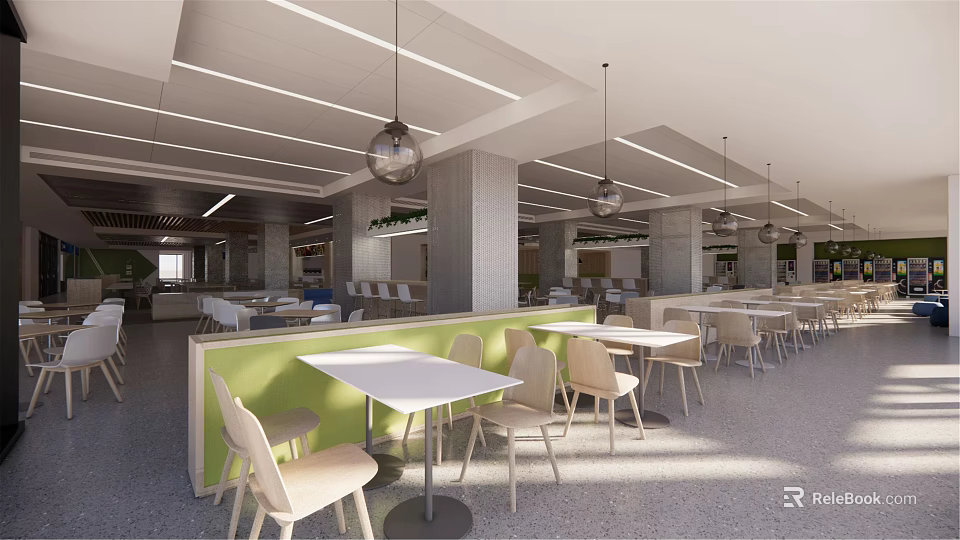 Bright Modern Dining Area With White Tables Light Chairs And Green Partitions 3d model 