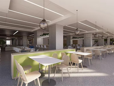 Bright Modern Dining Area With White Tables Light Chairs And Green Partitions 3d model