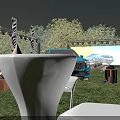 Outdoor Car Display Event On Grassland With Blue Cars Large Screen Tents And Tables